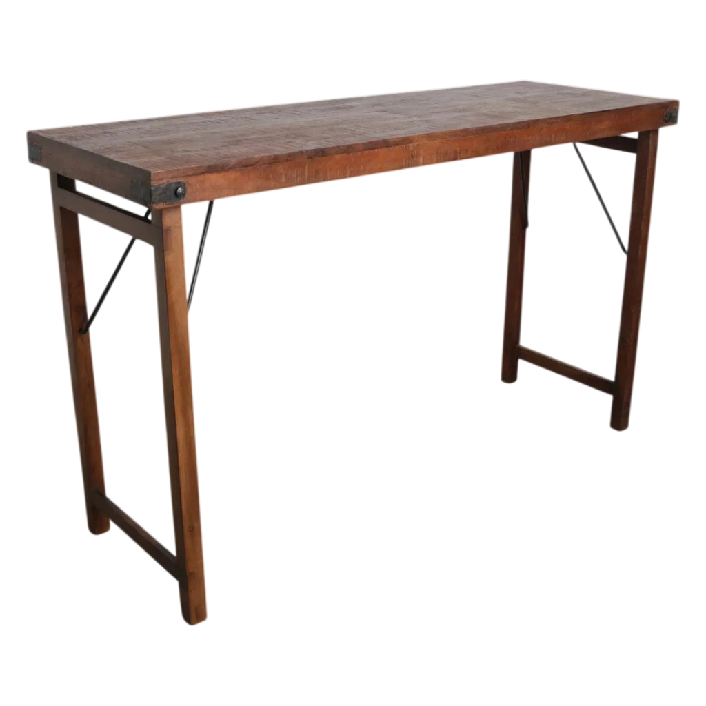 Table pliante en bois vintage brune avec piétement métal 170x60 cm
