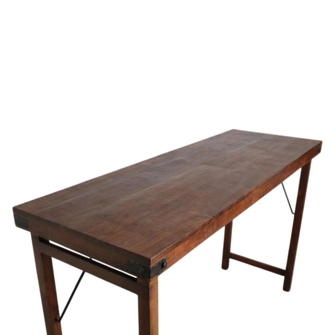 Table pliante en bois vintage brun avec piètement métal, 170x60 cm