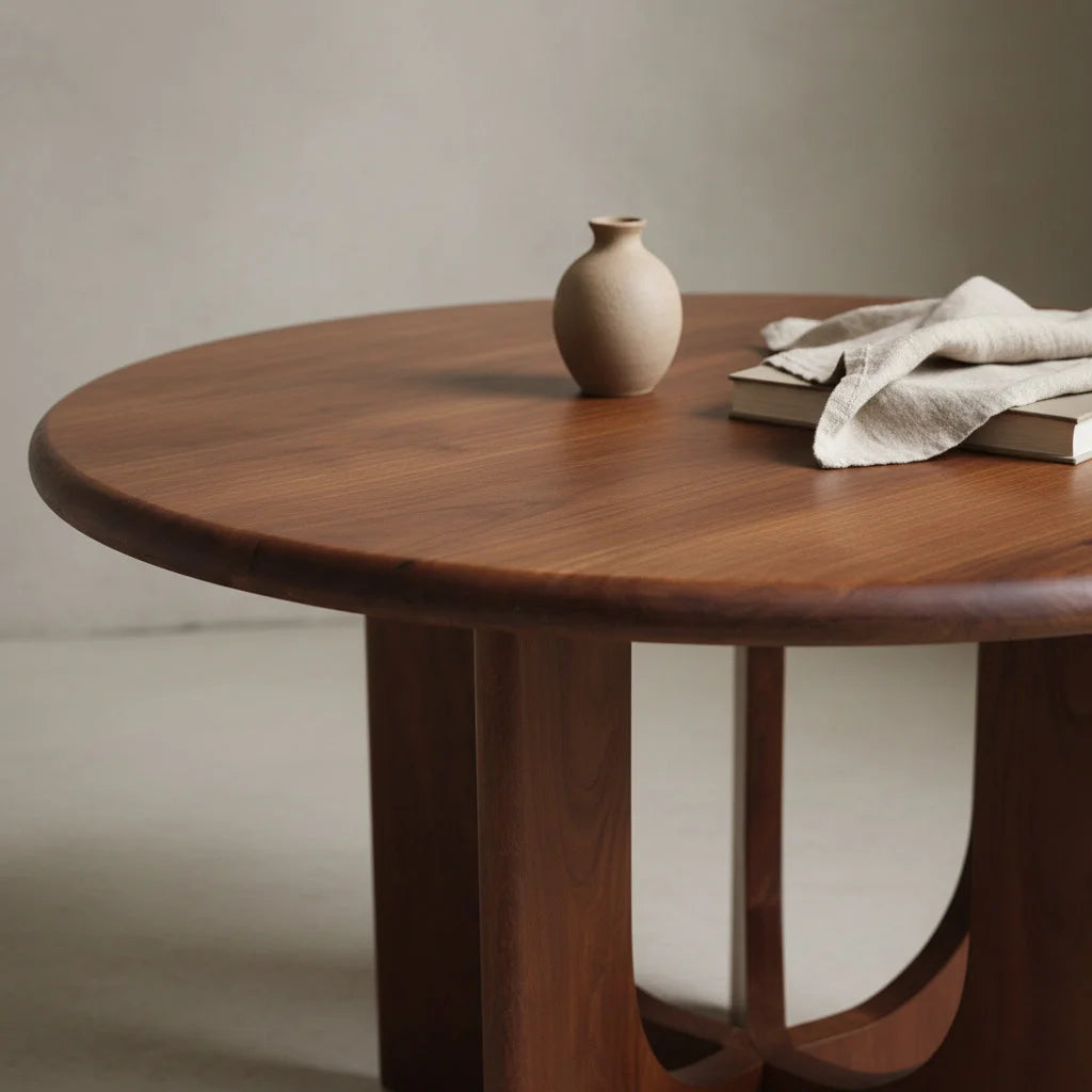 Table ronde en bois massif brun avec pieds sculpturaux croisés, Ø120 cm