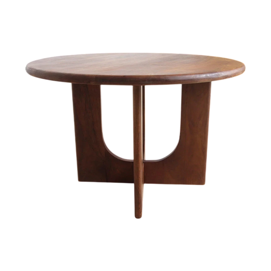 Table ronde en bois massif brun avec pieds sculpturaux croisés, Ø120 cm