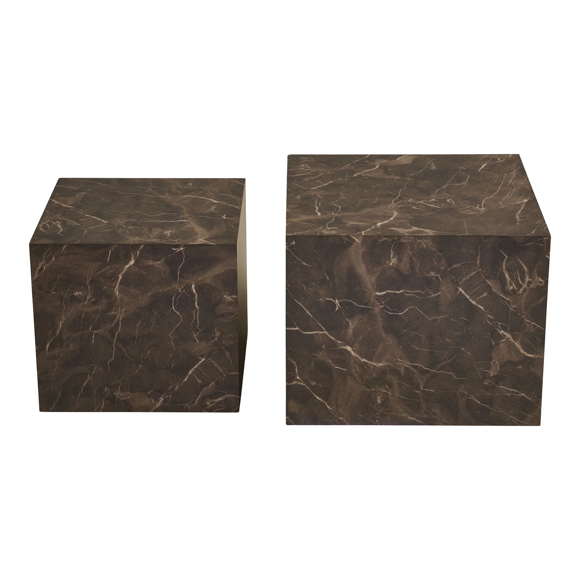 Set de 2 tables d’appoint cubiques en marbre brun foncé à veines blanches élégantes