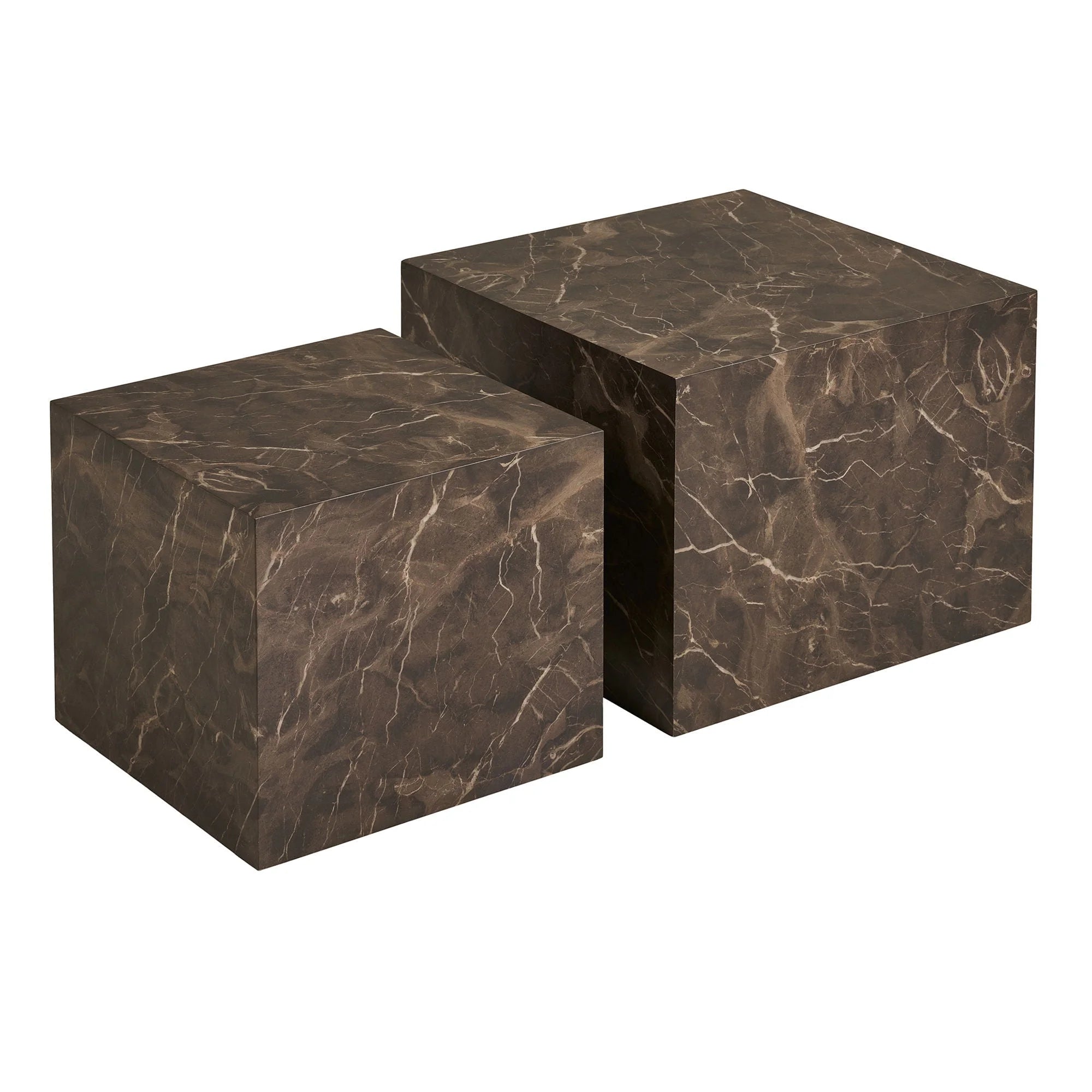 Set de 2 tables d’appoint cubiques effet marbre brun foncé veiné blanc