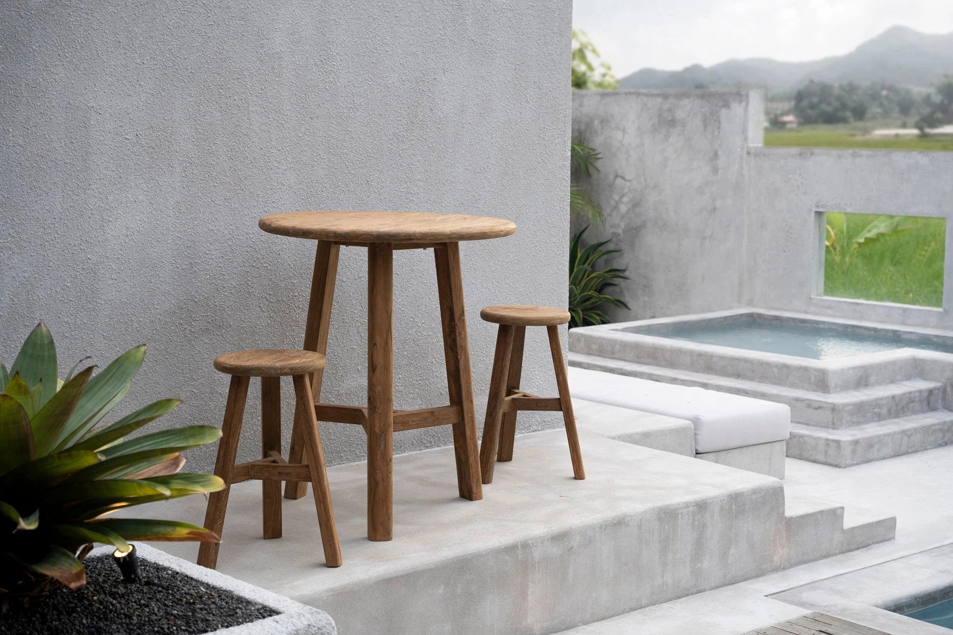 Tabouret de bar en teck recyclé naturel, siège rond, H66 cm