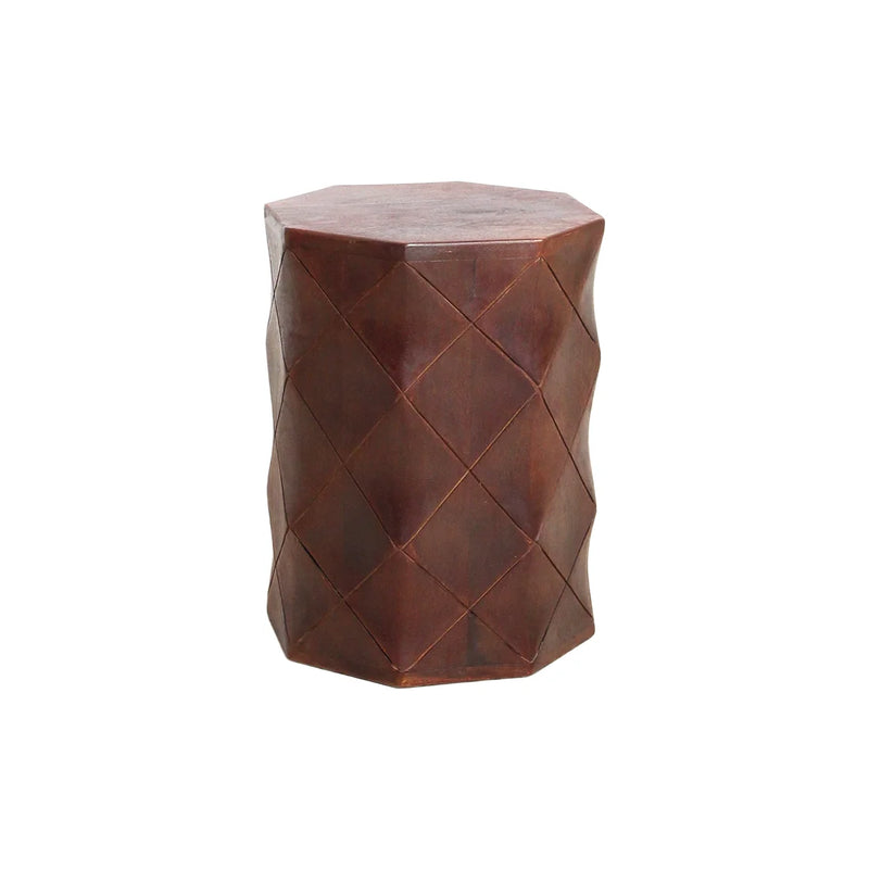 Tabouret en bois de manguier effet cuir brun à motif losange – H45 cm