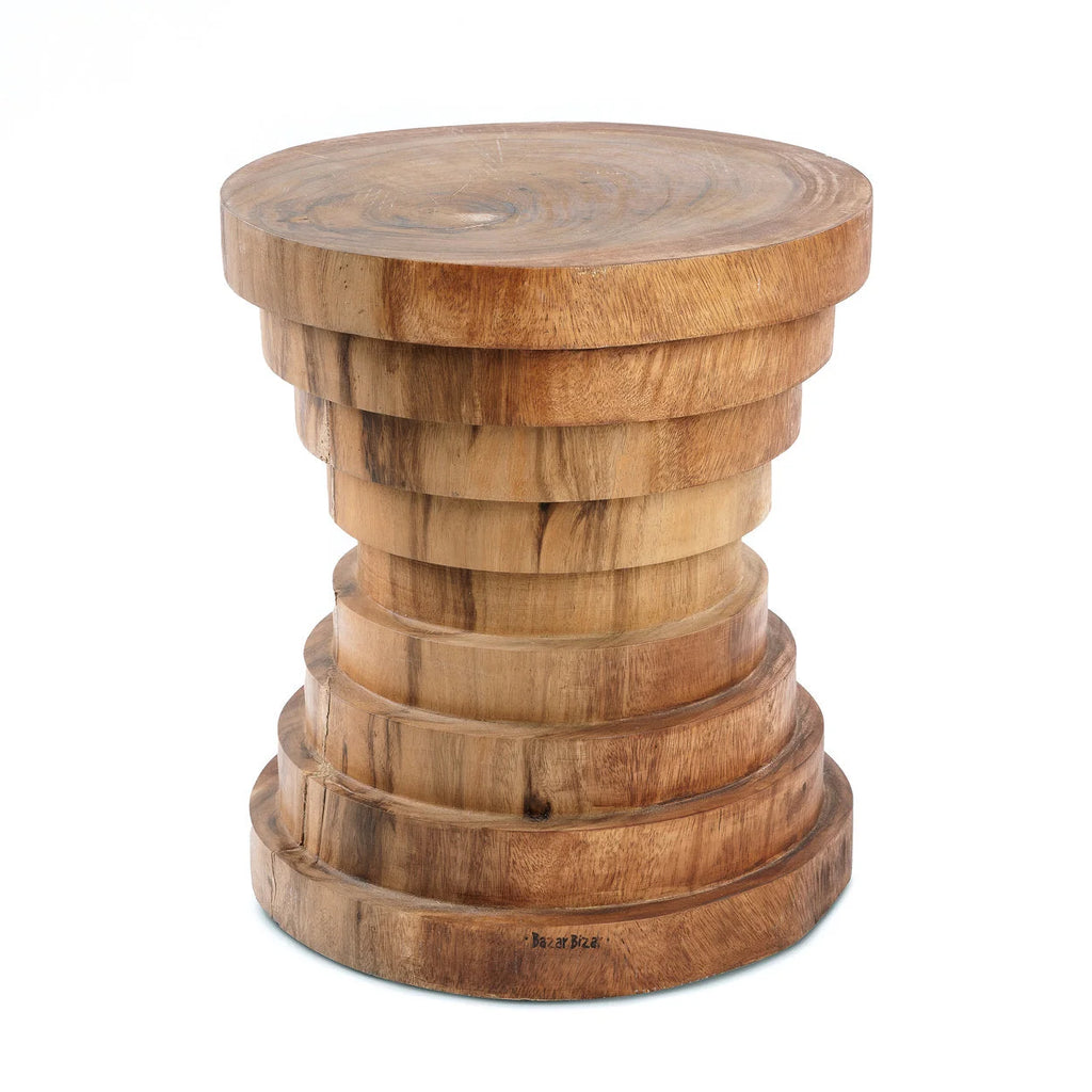 Tabouret en bois de suar naturel forme cylindrique empilée – H45 cm