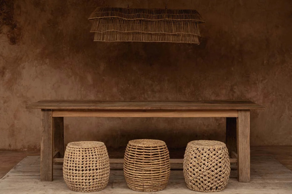 Tabouret en fibres naturelles tressées beige Ø48 cm à motifs texturés