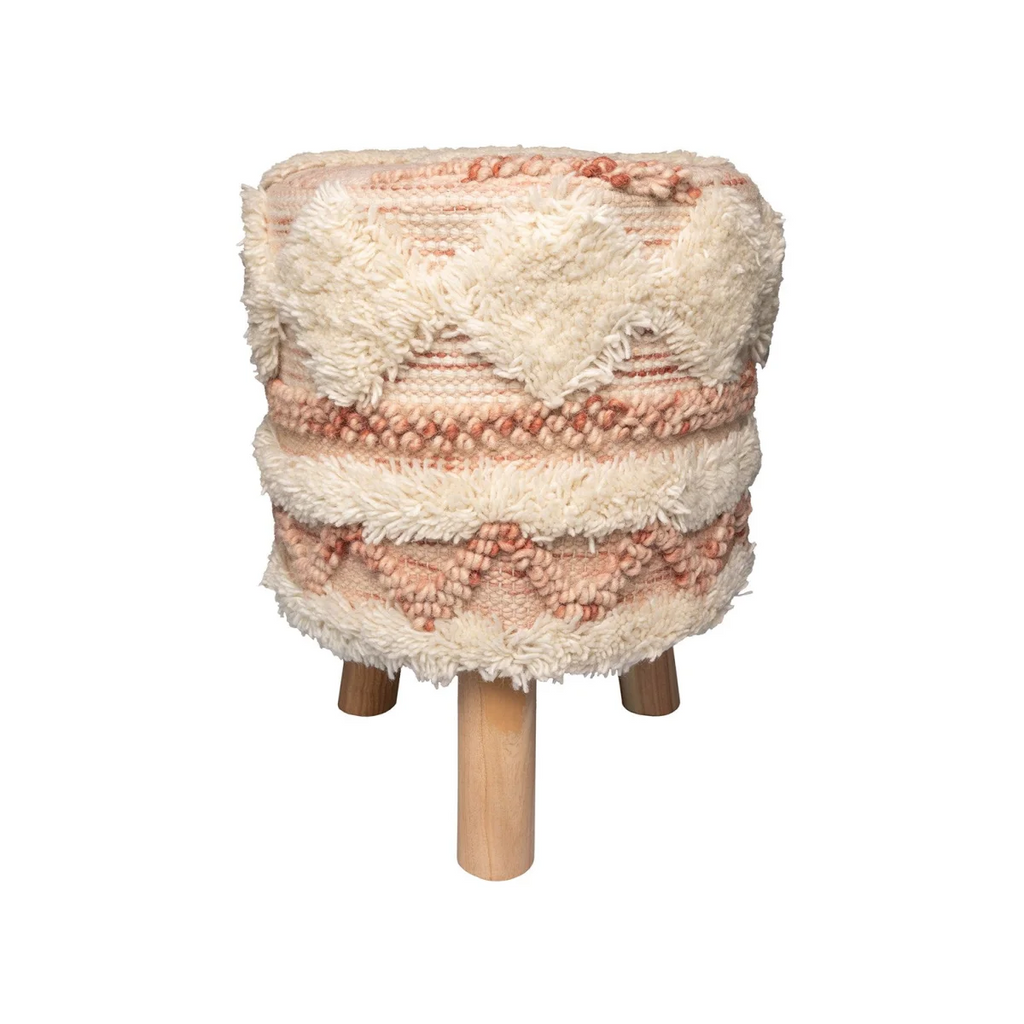 Tabouret rond tufté crème et rose en laine avec bois clair, style bohème, pieds en bois