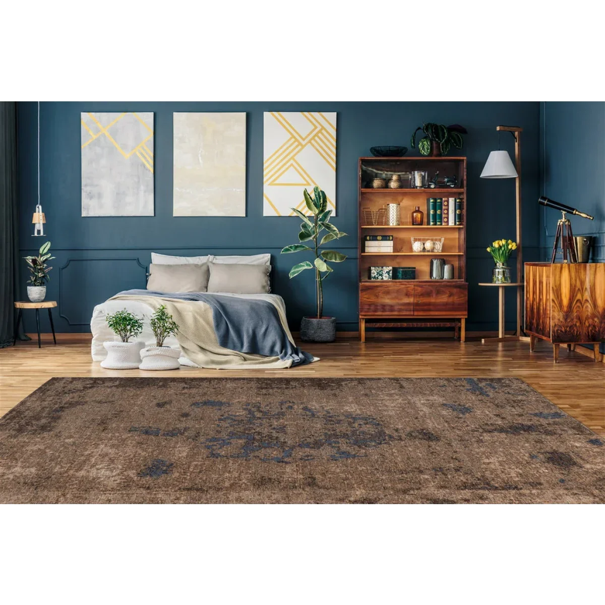 Tapis court vintage délavé marron et bleu ardoise avec motif abstrait 80x150 cm