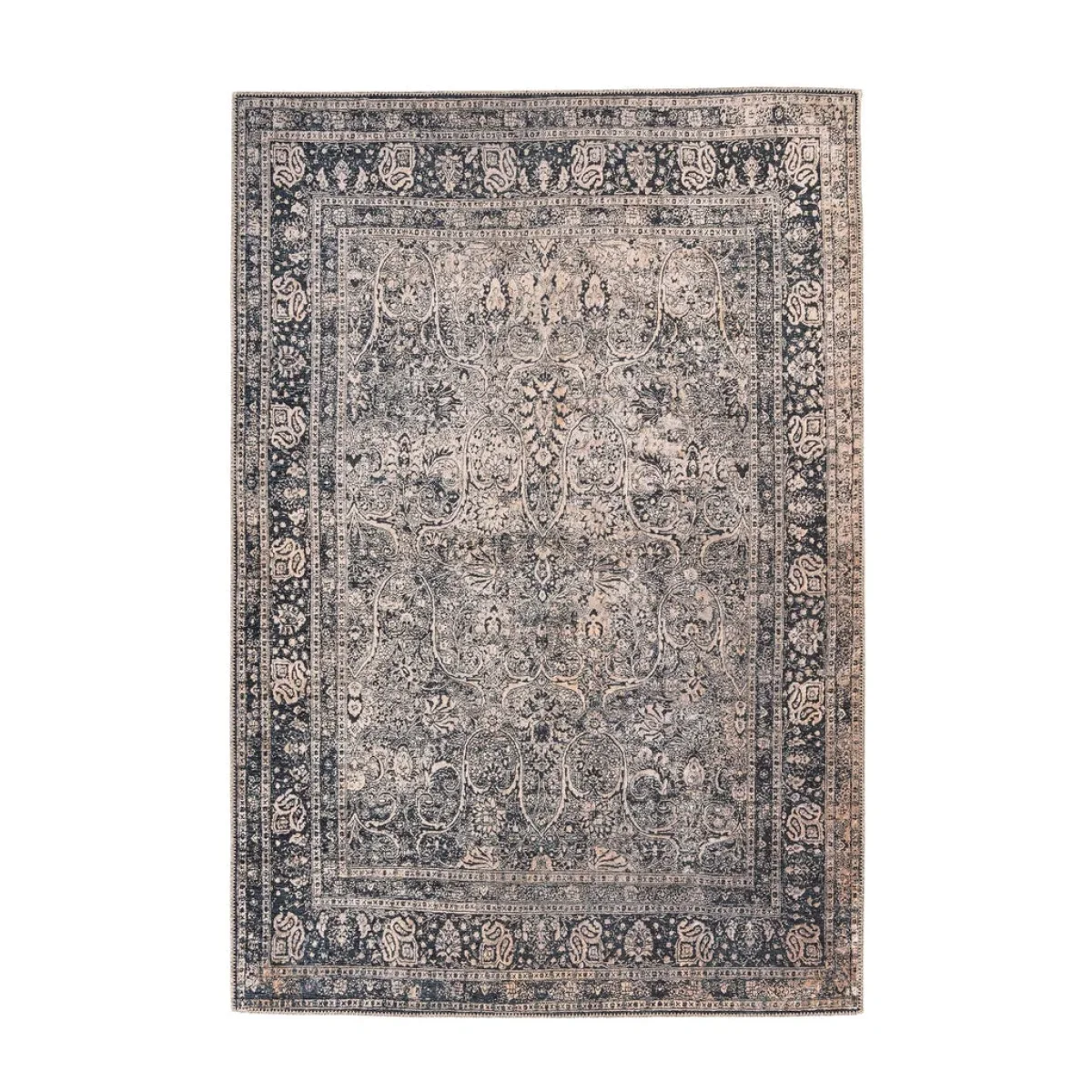 Tapis rectangulaire Faye 900 Multi Schwarz 75x150cm avec motif distressed gris foncé