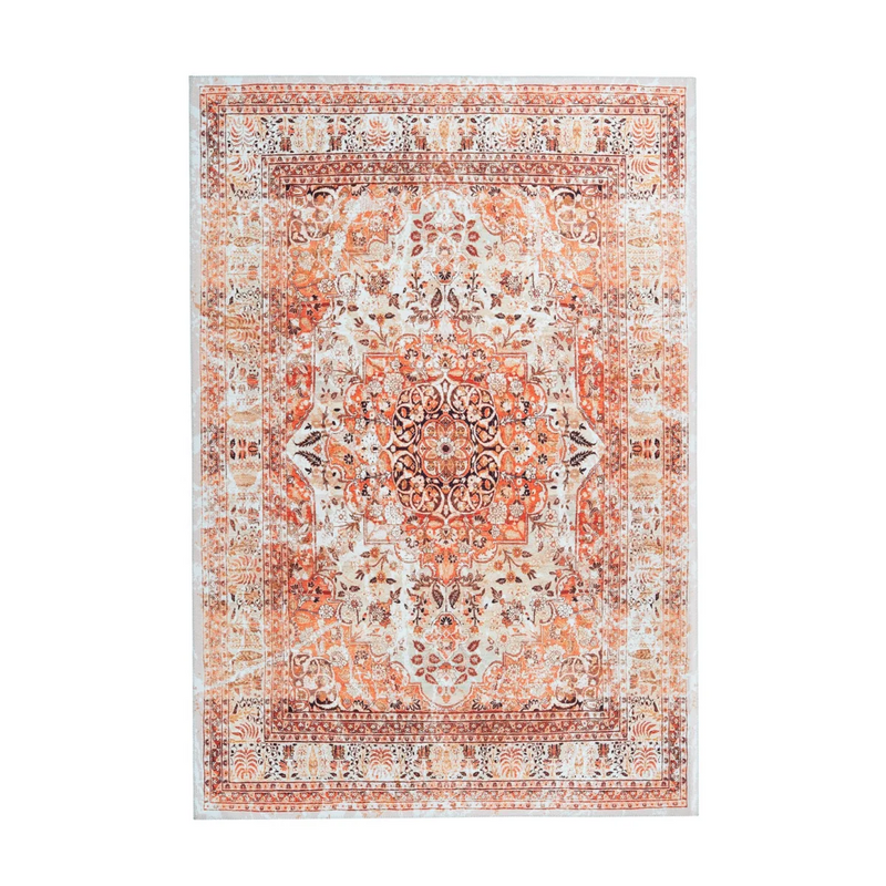 Tapis oriental rectangulaire à médaillon tons terracotta et beige