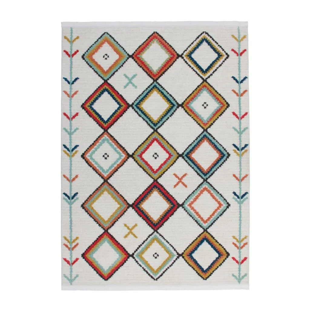 Tapis rectangulaire blanc avec motifs géométriques colorés en diamants et flèches