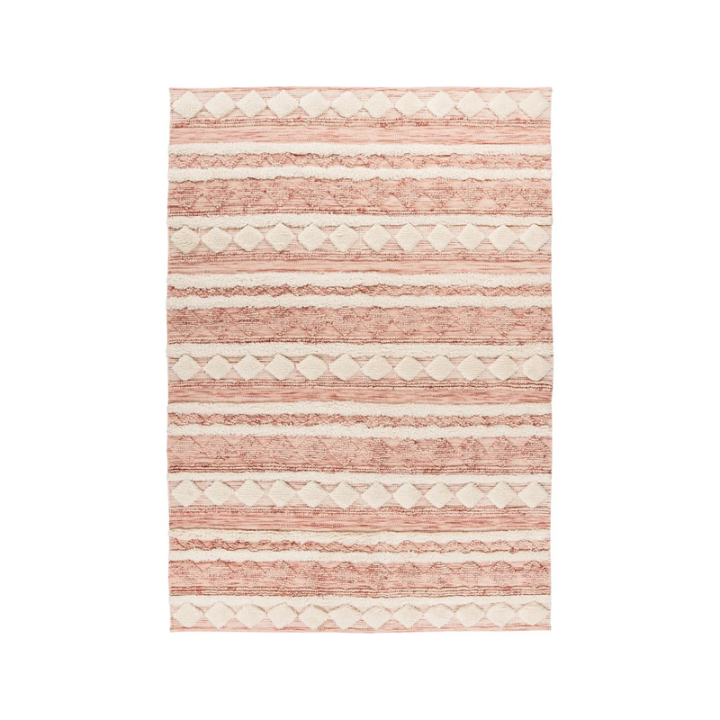 Tapis rectangulaire en laine rose et crème à motif géométrique