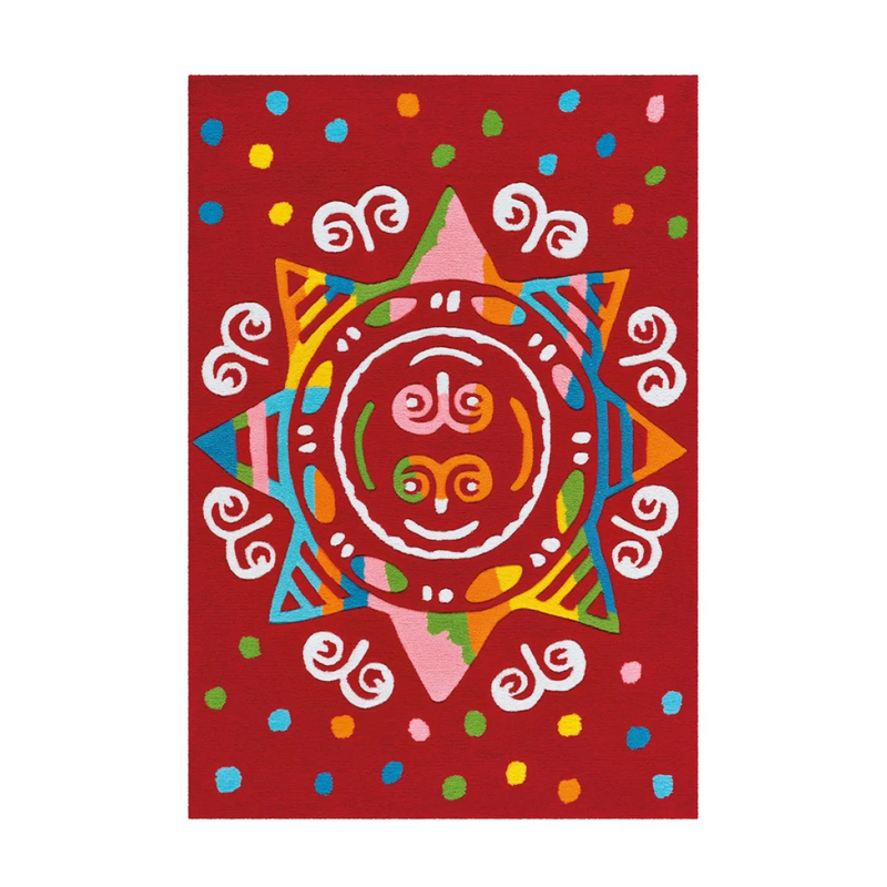 Tapis rouge à motif soleil et spirales en velours tufté – 110x160 cm