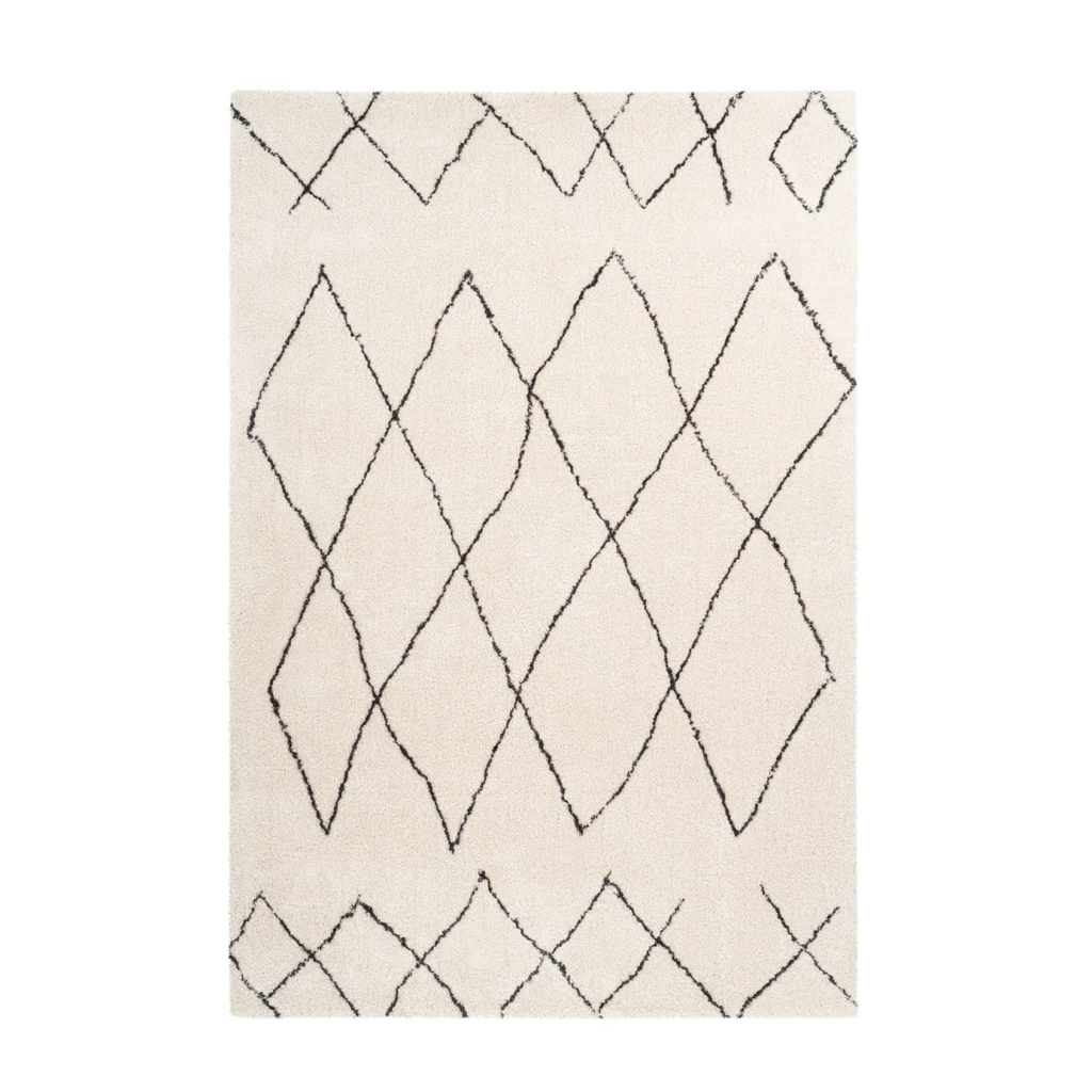 Tapis shaggy écru avec motifs losanges noirs en polyester pour salon ou chambre