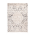 Tapis tufté vintage écru et anthracite avec motif géométrique abstrait et usé