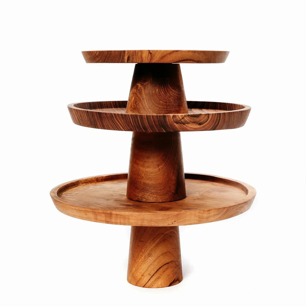 Support de présentation en bois avec trois niveaux et plateaux ronds pour le gâteau Teak Root M