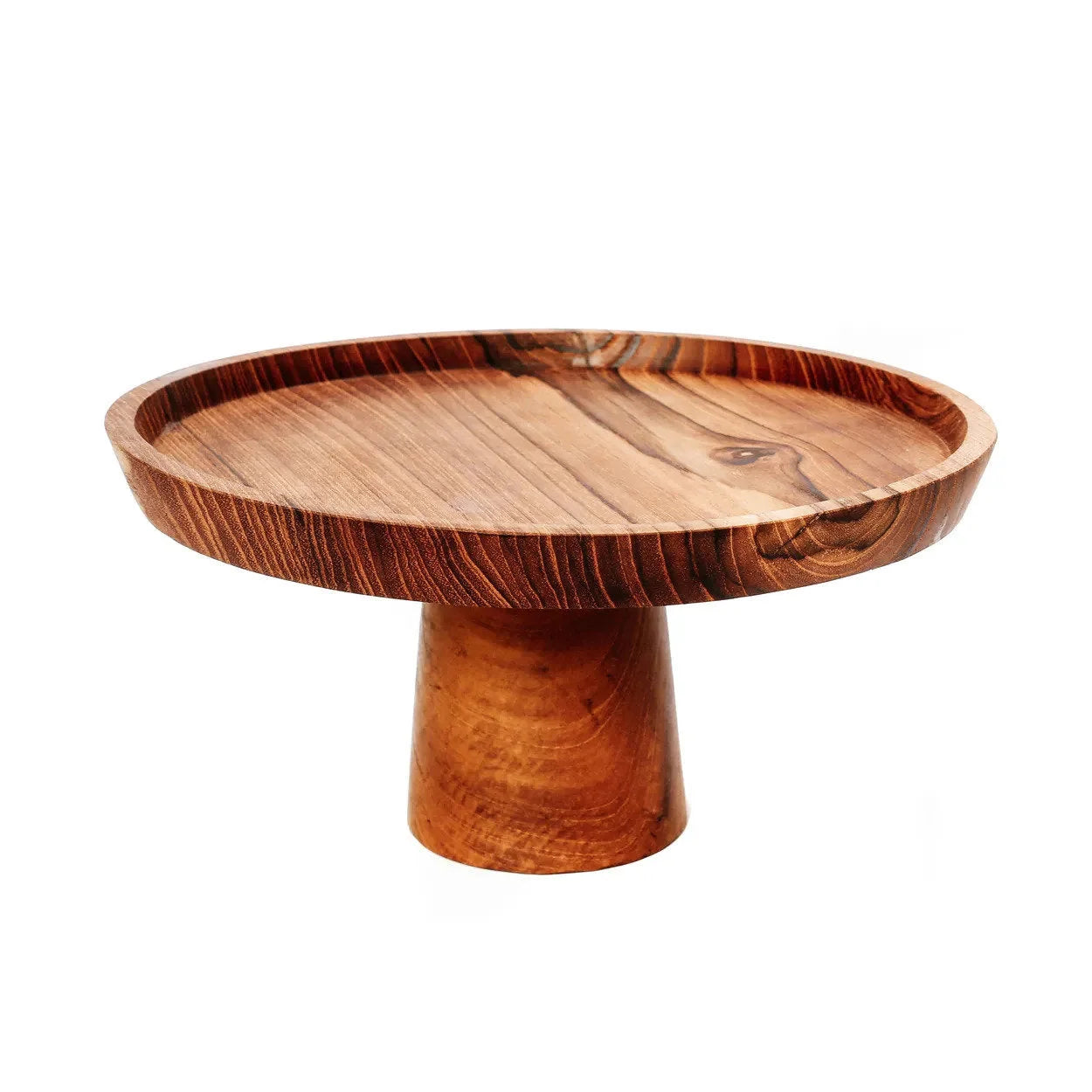Plateau en teck rond en bois avec rebord élevé pour présentation de gâteaux