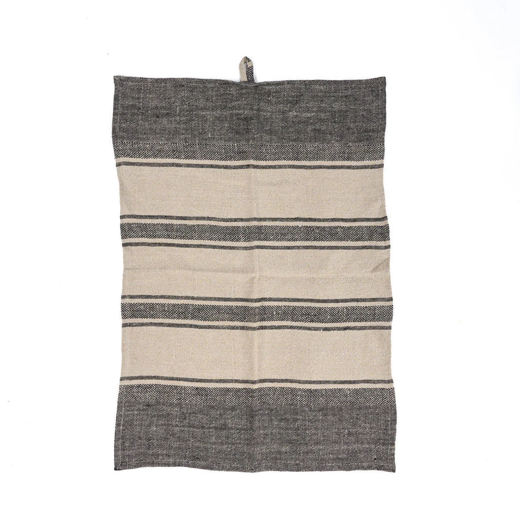 Torchon en lin naturel rayé noir et beige texturé avec boucle