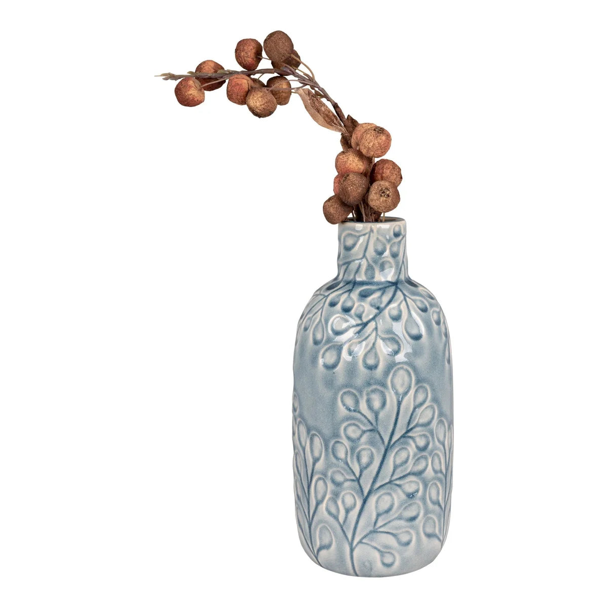 Vase en céramique bleu clair motif feuille texturé col étroit avec baies sèches