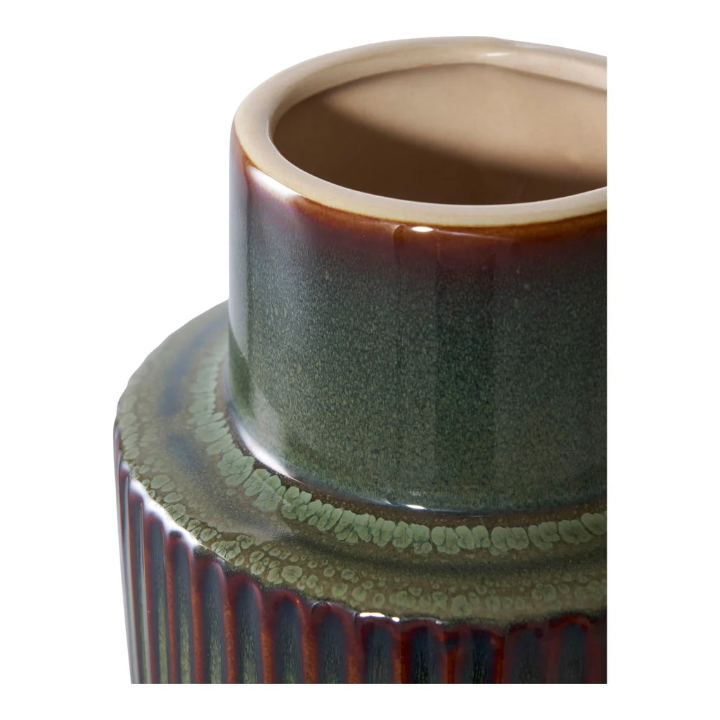 Vase en céramique vert bouteille et brun à relief rainuré H30 cm