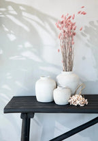 Vase cylindrique en terre cuite effet béton beige avec fleurs et coquillages décoratifs