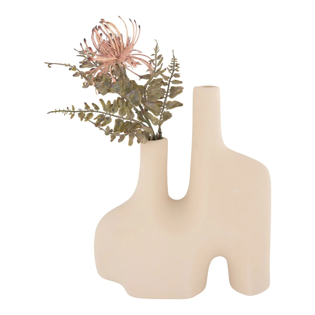 Vase décoratif en céramique mate beige avec fleurs roses séchées