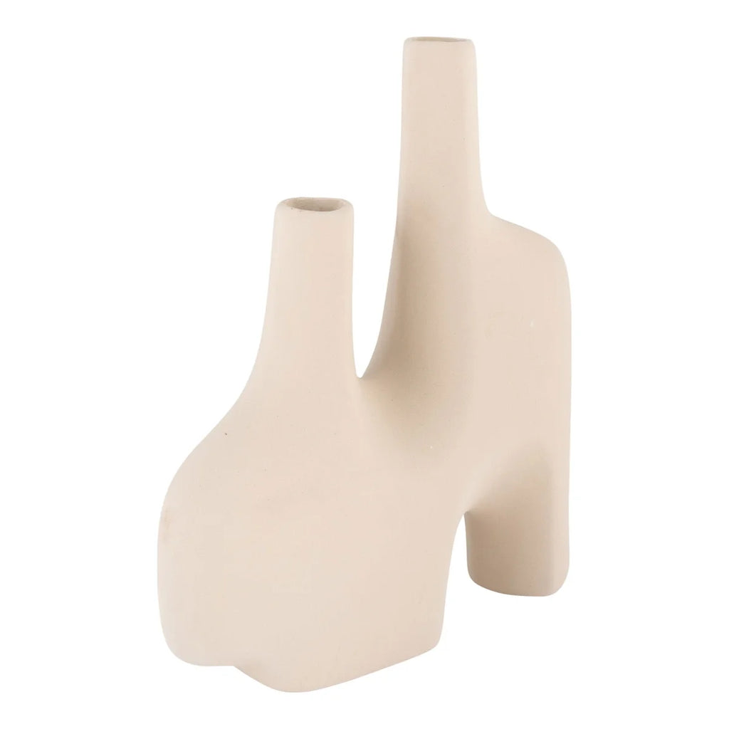 Vase décoratif en céramique mate beige à deux cols asymétriques, H27 cm