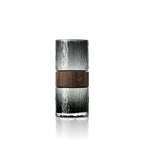 Vase décoratif cylindrique en verre fumé texturé et bois foncé, H24 cm