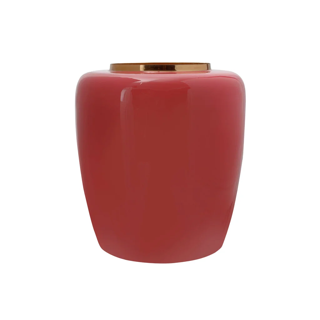 Vase Artisse 100 Coral Gold, urn en céramique glossy rouge corail avec bord en or métallique