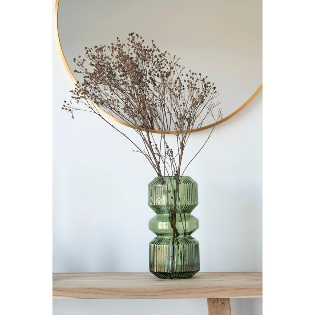 Vase rond en verre vert segmenté, 25 cm, design à étages et rainures verticales
