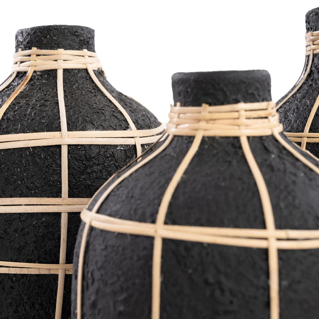 Vase en terre cuite et rotin noir 19 cm décoratif