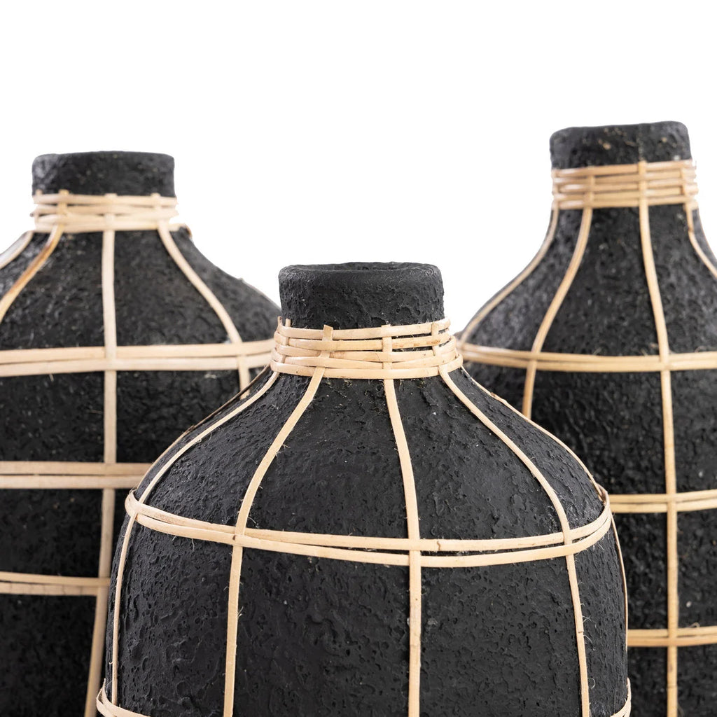 Vase en terre cuite et rotin noir naturel H23 cm