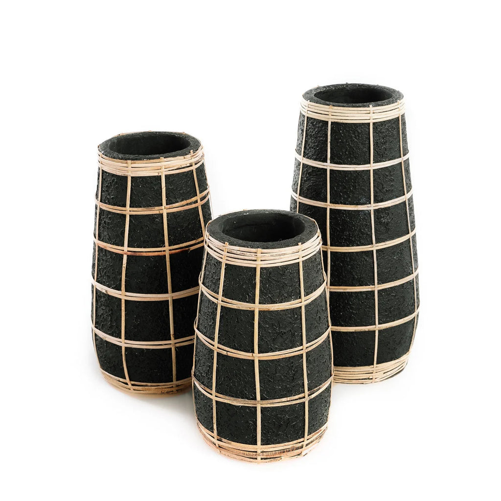 Vase en terre cuite et rotin noir naturel H31 cm