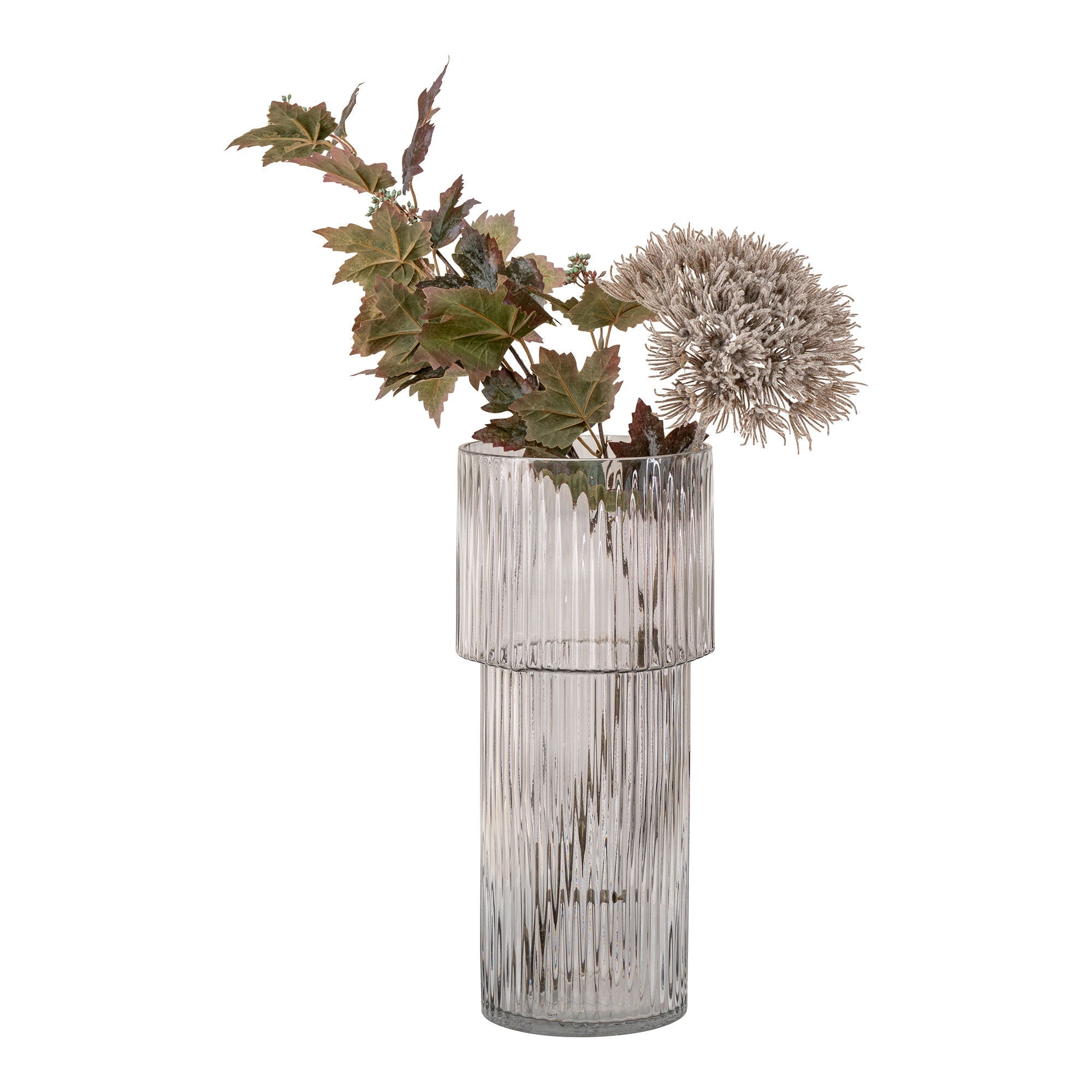 Vase en verre soufflé transparent rond Ø17,5x40 cm avec feuilles et allium