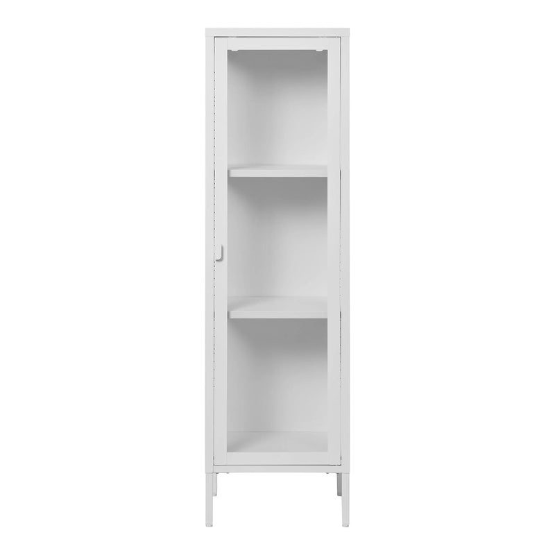 Vitrine étroite en métal blanc à porte vitrée – 140 cm